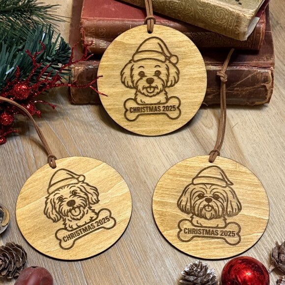 Wood Burned Dog Christmas Ornaments Set of 3, Pet Keepsake, Rustic Cottagecore - Picture 2 of 8